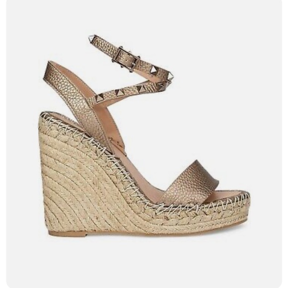 VALENTINO ROCKSTUD METALLIC LEATHER  SPADRILLE WEDGES - Picture 3 of 11